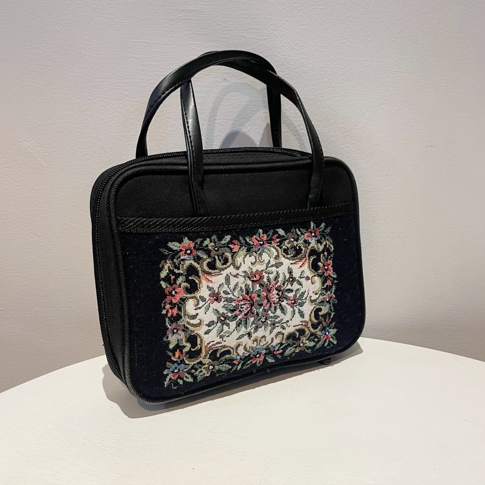 Vintage 70s Black Canvas Tapestry Double Vegan Leather Top Handle Case/Handbag